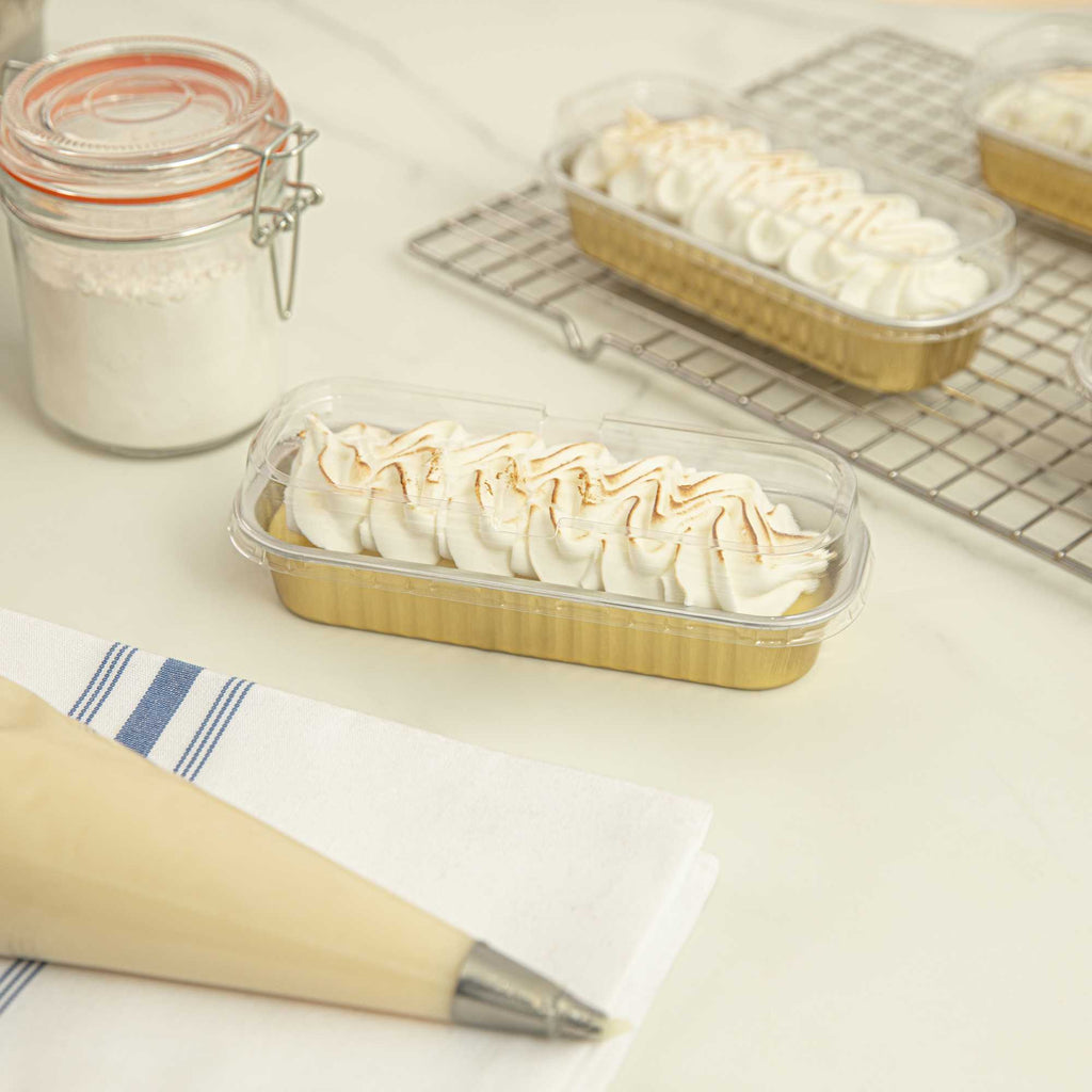 7 oz Rectangle Gold Aluminum Baking Loaf Pan - with Plastic Dome Lid - 6 1/2" x 2 1/2" x 1 1/4" - 100 count box