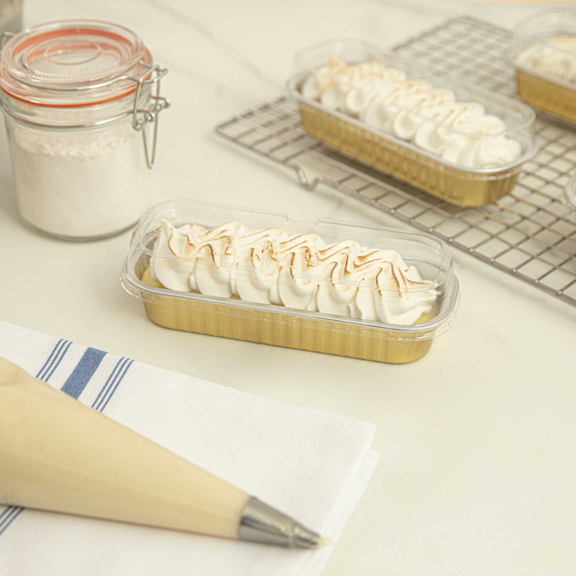 7 oz Rectangle Gold Aluminum Baking Loaf Pan - with Plastic Dome Lid - 6 1/2" x 2 1/2" x 1 1/4" - 100 count box