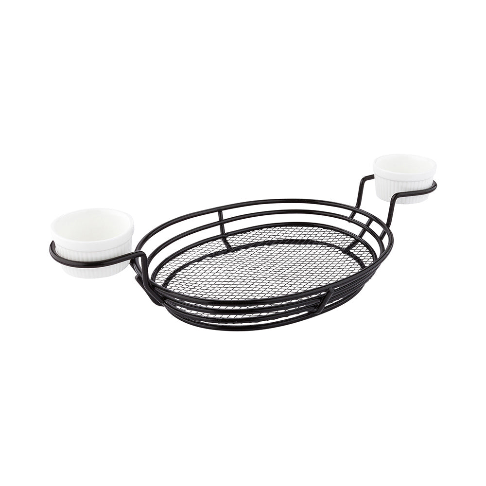 Met Lux Oval Black Iron Entree Basket - Double Dipping Sauce Holder - 13" x 6" x 2 1/4" - 1 count box