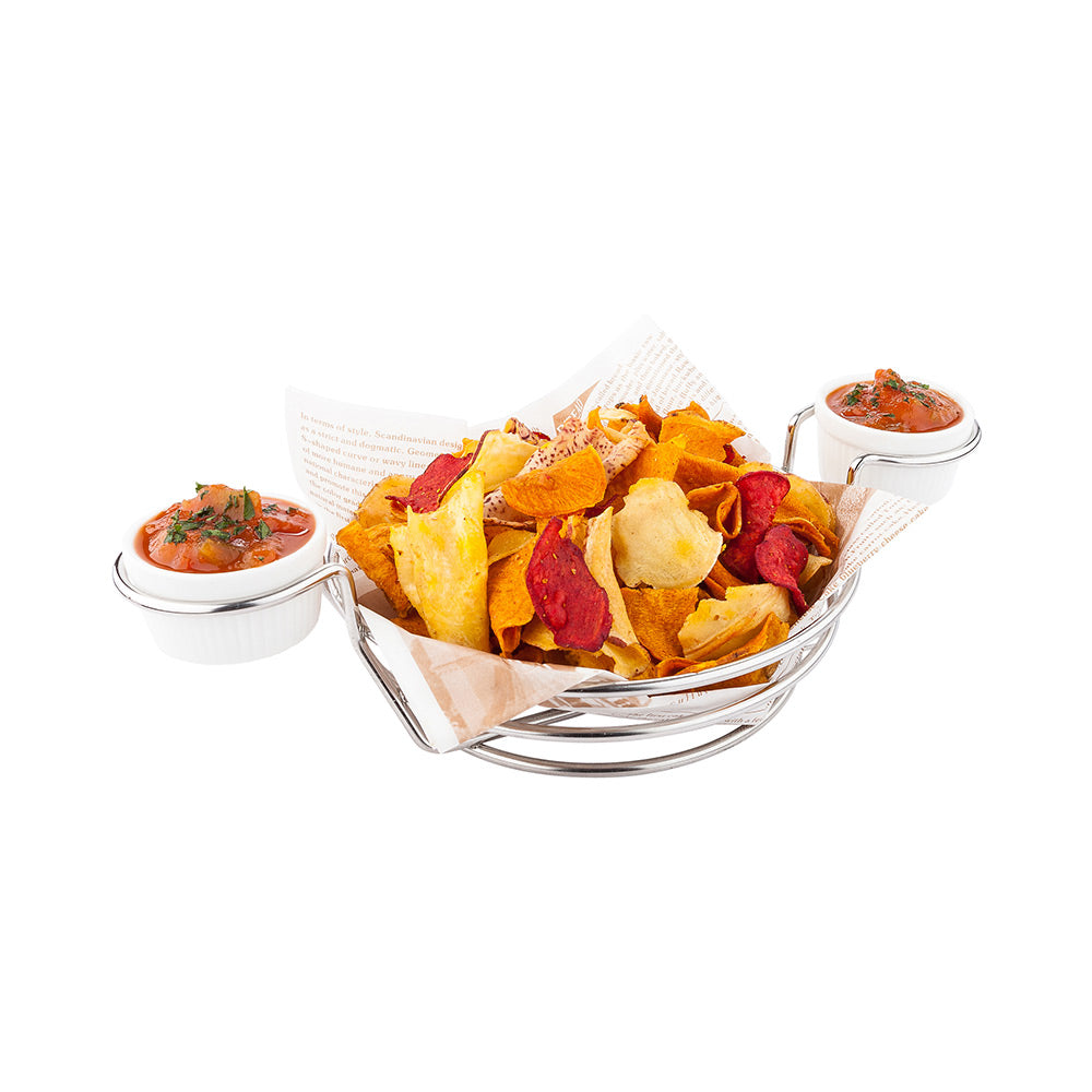 Met Lux Round Silver Stainless Steel Duetto Appetizer and Chip Basket - Double Dipping Sauce Holder - 10 1/4" x 7" x 3" - 1 count box