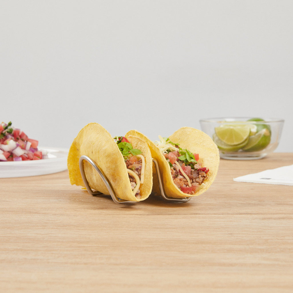 Met Lux Rectangle Silver Stainless Steel Duo Taco Rack Stand - 2 Tacos - 4 1/4" x 3 1/4" x 1 1/2" - 1 count box