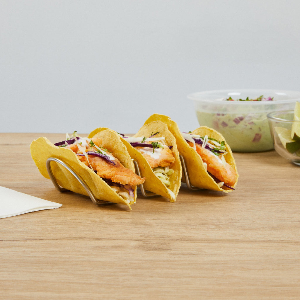 Met Lux Rectangle Silver Stainless Steel Triplo Taco Rack Stand - 3 Tacos - 6 3/4" x 3 1/4" x 1 1/2" - 1 count box