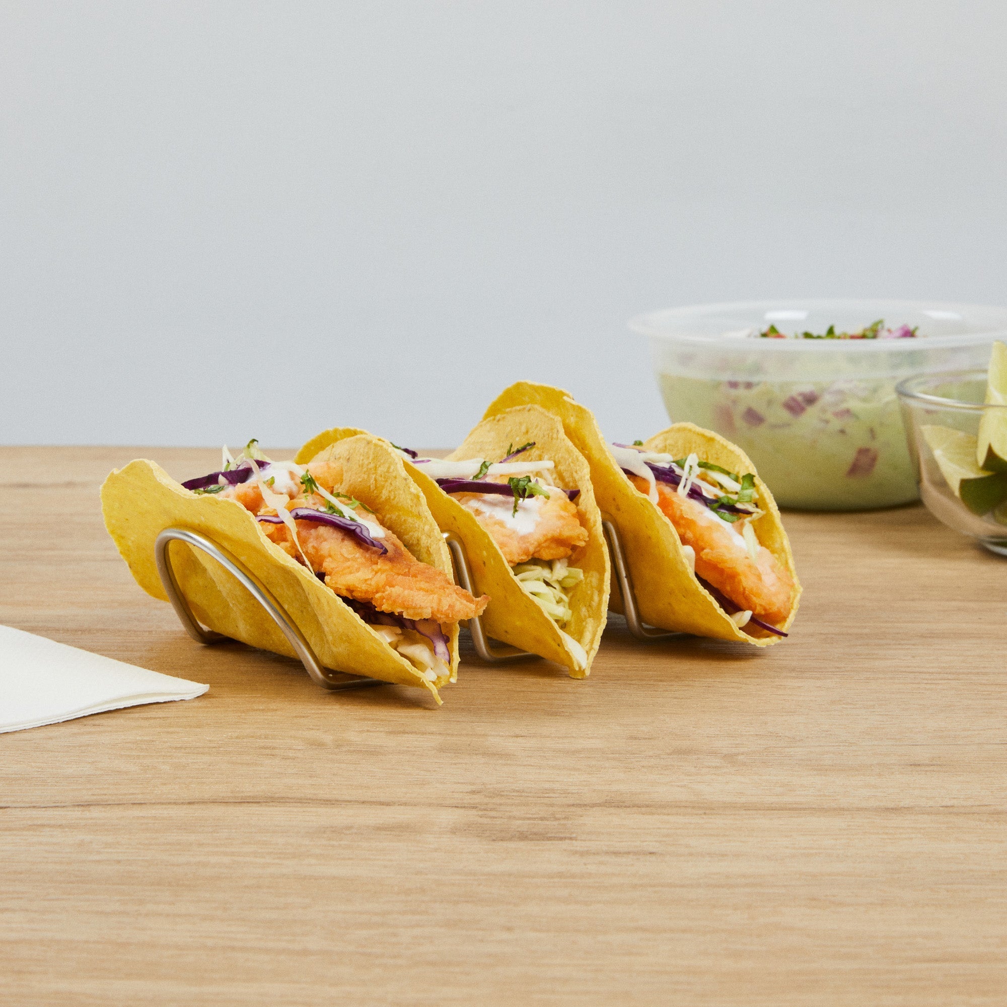 Met Lux Rectangle Silver Stainless Steel Triplo Taco Rack Stand - 3 Tacos - 6 3/4" x 3 1/4" x 1 1/2" - 1 count box
