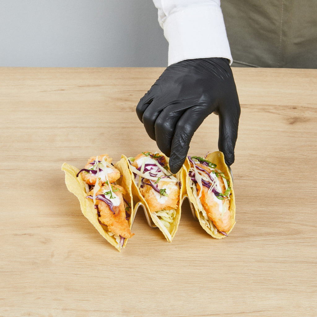 Met Lux Rectangle Silver Stainless Steel Triplo Taco Rack Stand - 3 Tacos - 6 3/4" x 3 1/4" x 1 1/2" - 1 count box