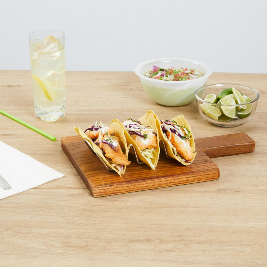 Met Lux Rectangle Silver Stainless Steel Triplo Taco Rack Stand - 3 Tacos - 6 3/4" x 3 1/4" x 1 1/2" - 1 count box