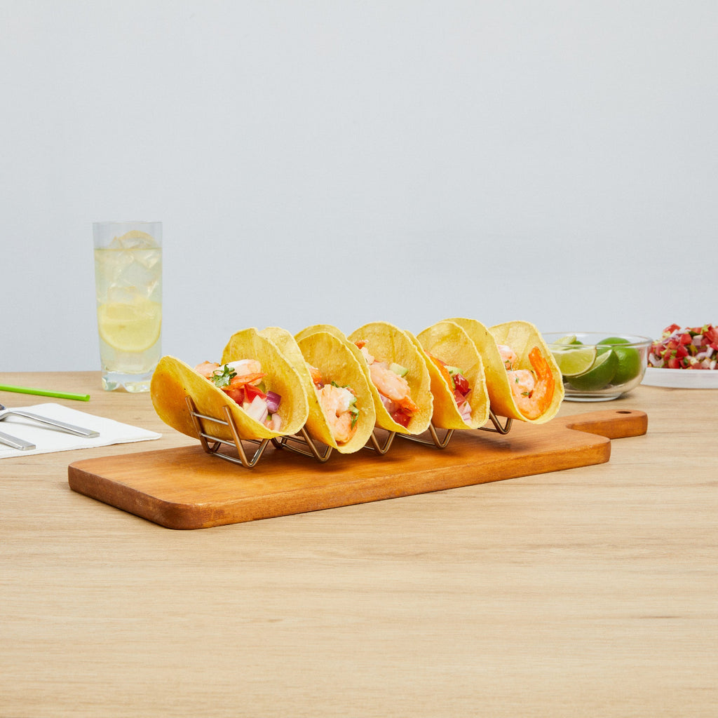 Met Lux Rectangle Silver Stainless Steel Cinque Taco Rack Stand - 5 Tacos - 8 1/4" x 2 1/2" x 1 1/2" - 1 count box