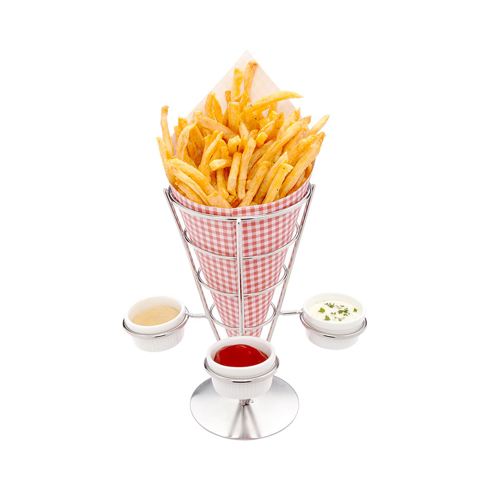 Cone Tek Silver Stainless Steel Medium Fry and Snack Cone Stand - 3 Sauce Holders - 4 1/4" x 4 1/4" x 8" - 1 count box