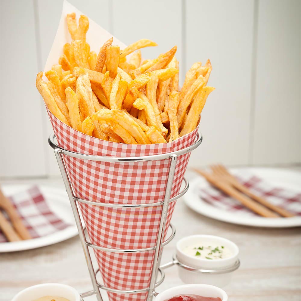 Cone Tek Silver Stainless Steel Medium Fry and Snack Cone Stand - 3 Sauce Holders - 4 1/4" x 4 1/4" x 8" - 1 count box