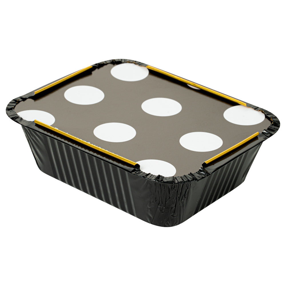 Foil Lux 12 oz Rectangle Black and Gold Aluminum Take Out Container - with Polka Dot Paper Lid - 5 3/4" x 4 3/4" x 1 3/4" - 200 count box