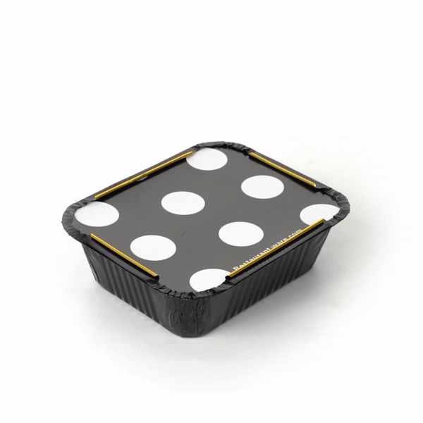 Foil Lux 12 oz Rectangle Black and Gold Aluminum Take Out Container - with Polka Dot Paper Lid - 5 3/4" x 4 3/4" x 1 3/4" - 200 count box