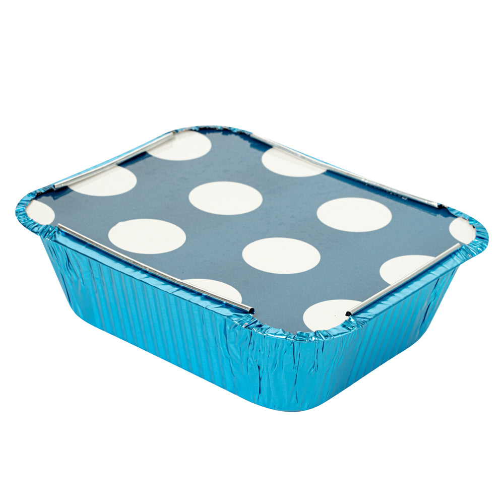 Foil Lux 12 oz Rectangle Blue Aluminum Take Out Container - with Polka Dot Paper Lid - 5 3/4" x 4 3/4" x 1 3/4" - 200 count box