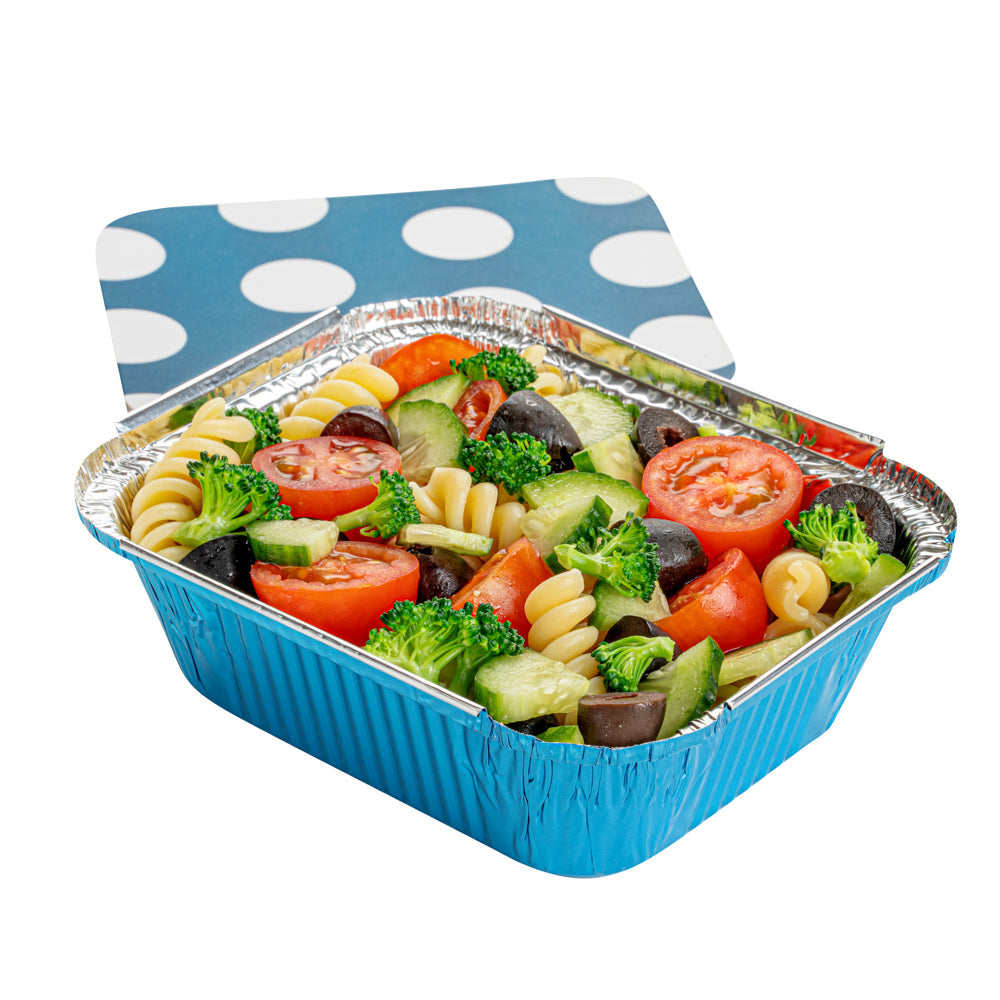 Foil Lux 12 oz Rectangle Blue Aluminum Take Out Container - with Polka Dot Paper Lid - 5 3/4" x 4 3/4" x 1 3/4" - 200 count box