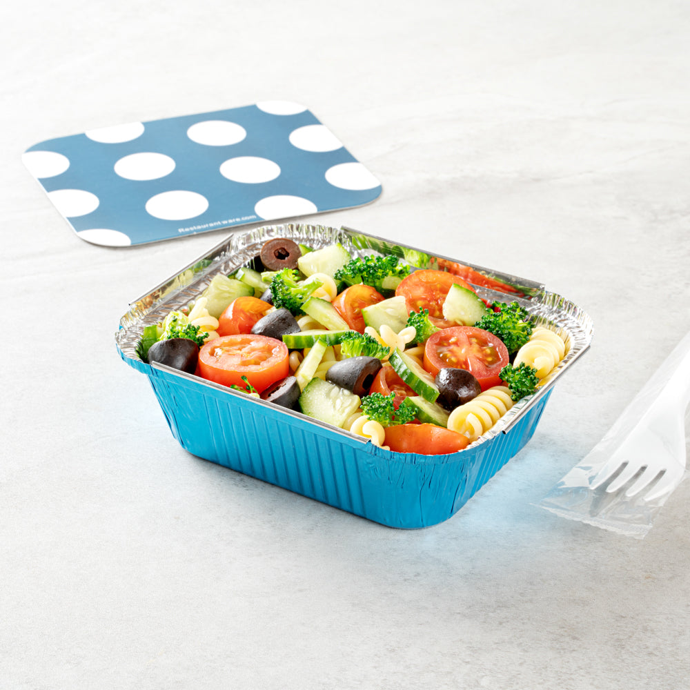 Foil Lux 12 oz Rectangle Blue Aluminum Take Out Container - Polka Dot Paper Lid - 5 3/4" x 4 3/4" x 1 3/4" - 50 count box