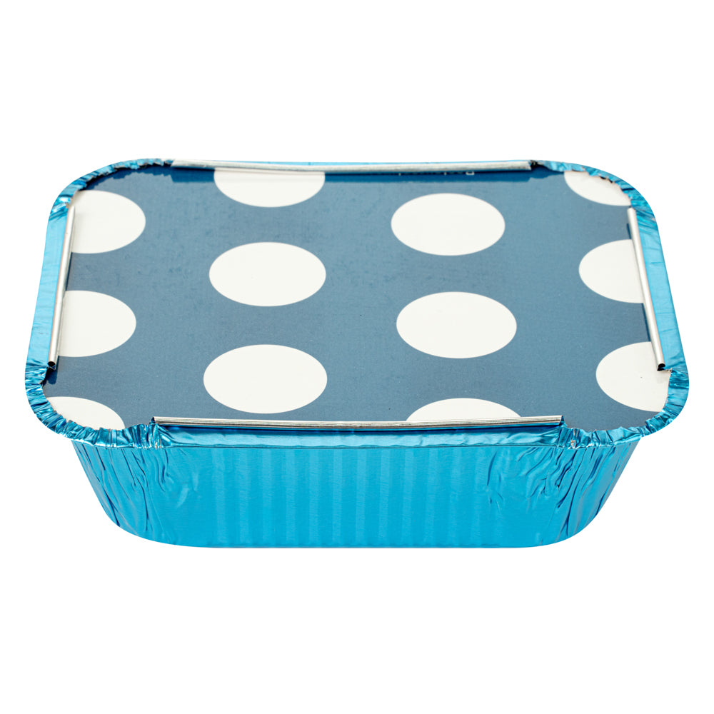 Foil Lux 12 oz Rectangle Blue Aluminum Take Out Container - Polka Dot Paper Lid - 5 3/4" x 4 3/4" x 1 3/4" - 50 count box