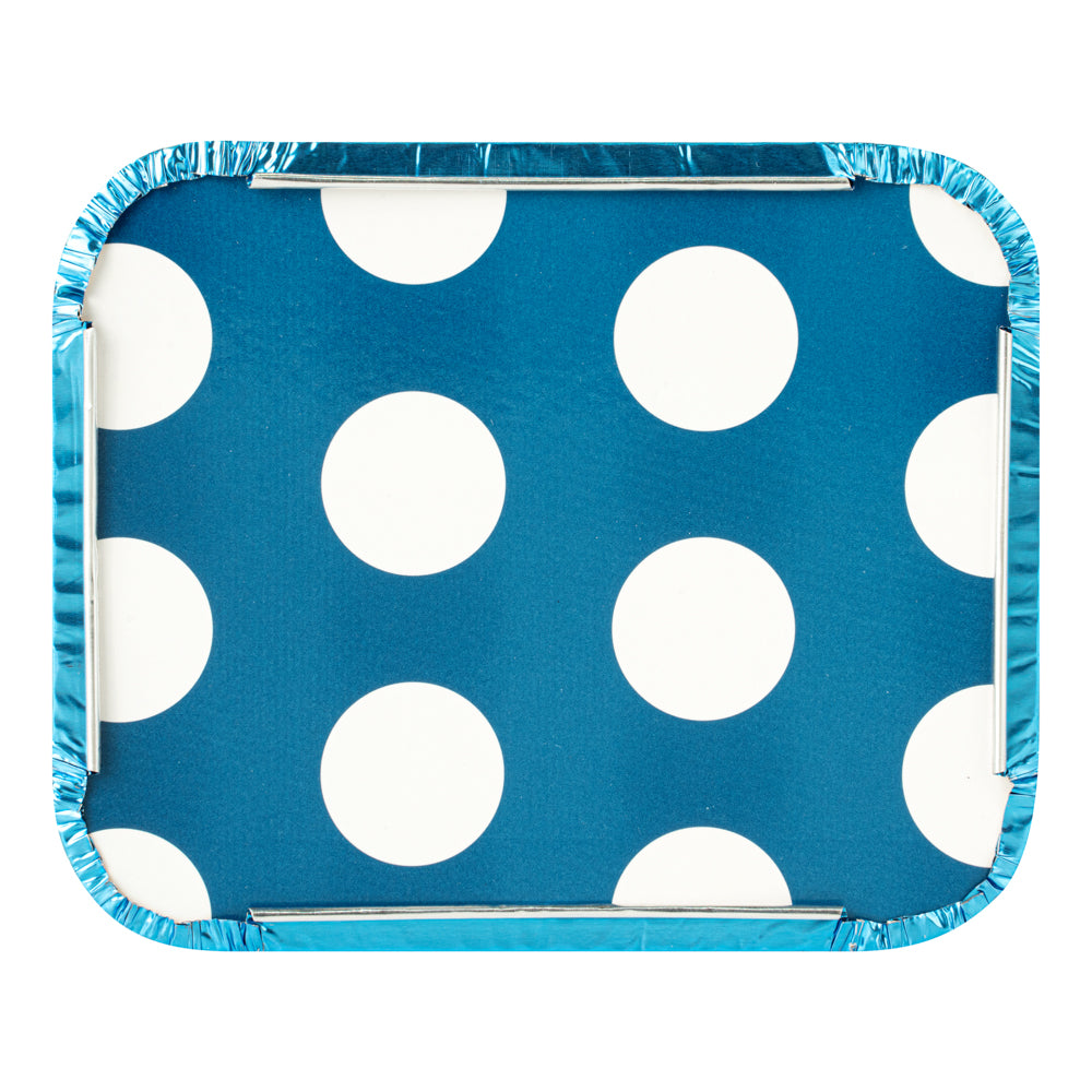 Foil Lux 12 oz Rectangle Blue Aluminum Take Out Container - Polka Dot Paper Lid - 5 3/4" x 4 3/4" x 1 3/4" - 50 count box
