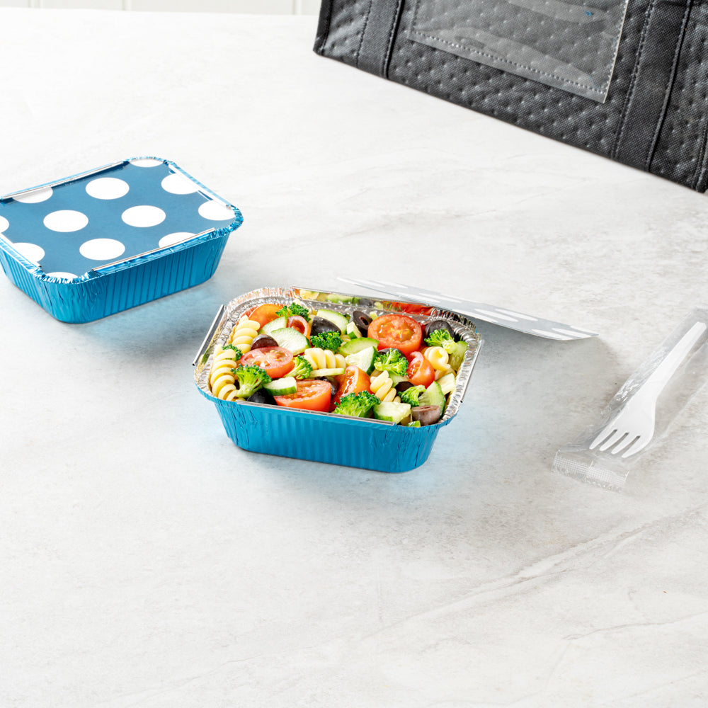 Foil Lux 12 oz Rectangle Blue Aluminum Take Out Container - Polka Dot Paper Lid - 5 3/4" x 4 3/4" x 1 3/4" - 50 count box