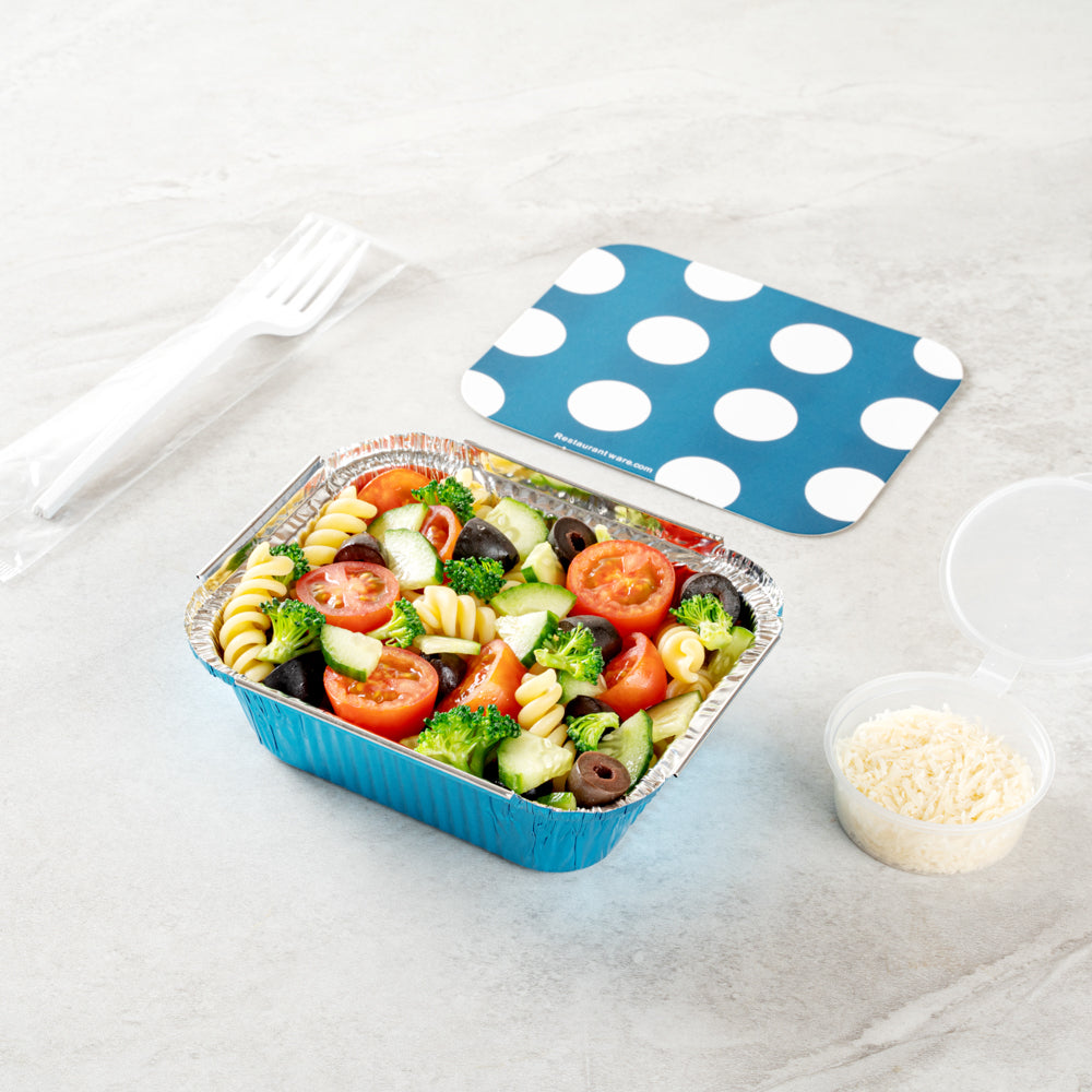 Foil Lux 12 oz Rectangle Blue Aluminum Take Out Container - Polka Dot Paper Lid - 5 3/4" x 4 3/4" x 1 3/4" - 50 count box