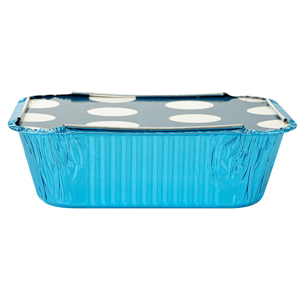 Foil Lux 12 oz Rectangle Blue Aluminum Take Out Container - with Polka Dot Paper Lid - 5 3/4" x 4 3/4" x 1 3/4" - 200 count box