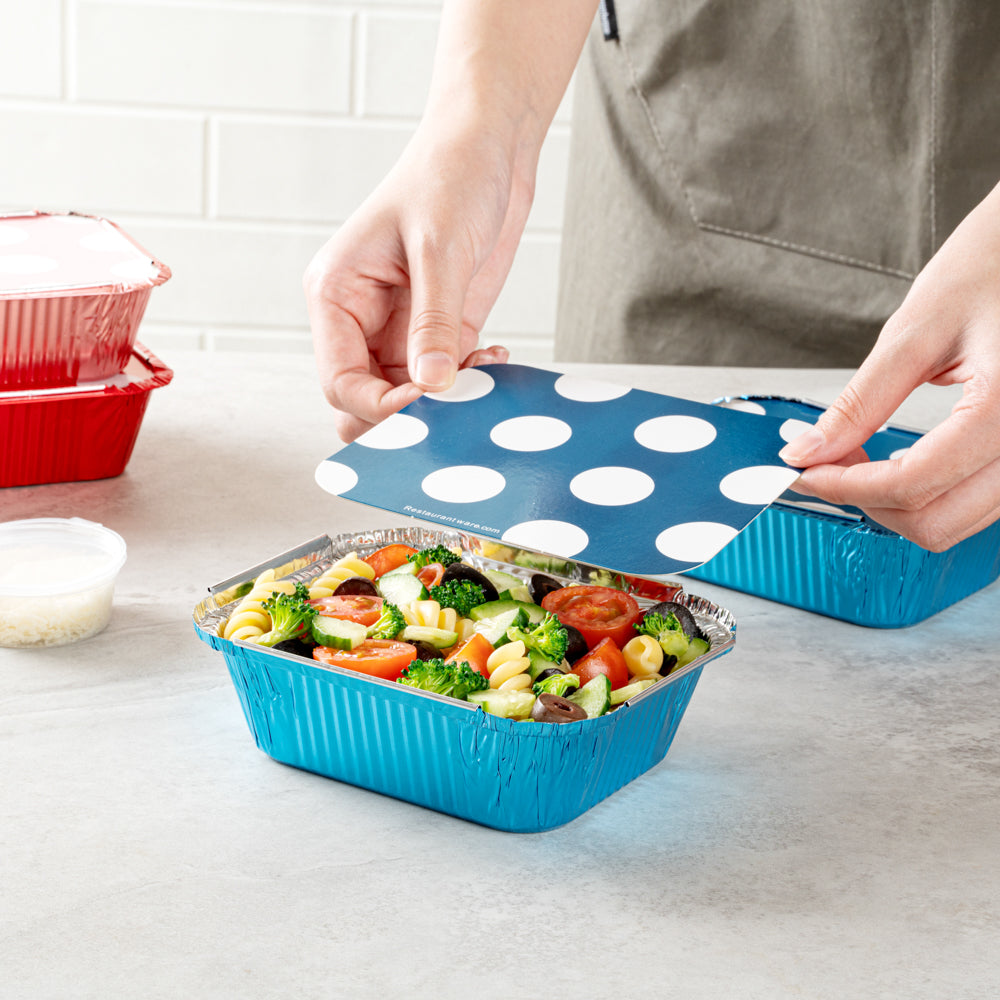 Foil Lux 12 oz Rectangle Blue Aluminum Take Out Container - with Polka Dot Paper Lid - 5 3/4" x 4 3/4" x 1 3/4" - 200 count box
