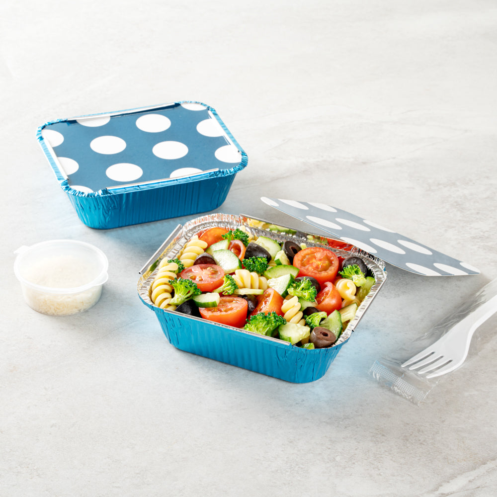 Foil Lux 12 oz Rectangle Blue Aluminum Take Out Container - with Polka Dot Paper Lid - 5 3/4" x 4 3/4" x 1 3/4" - 200 count box