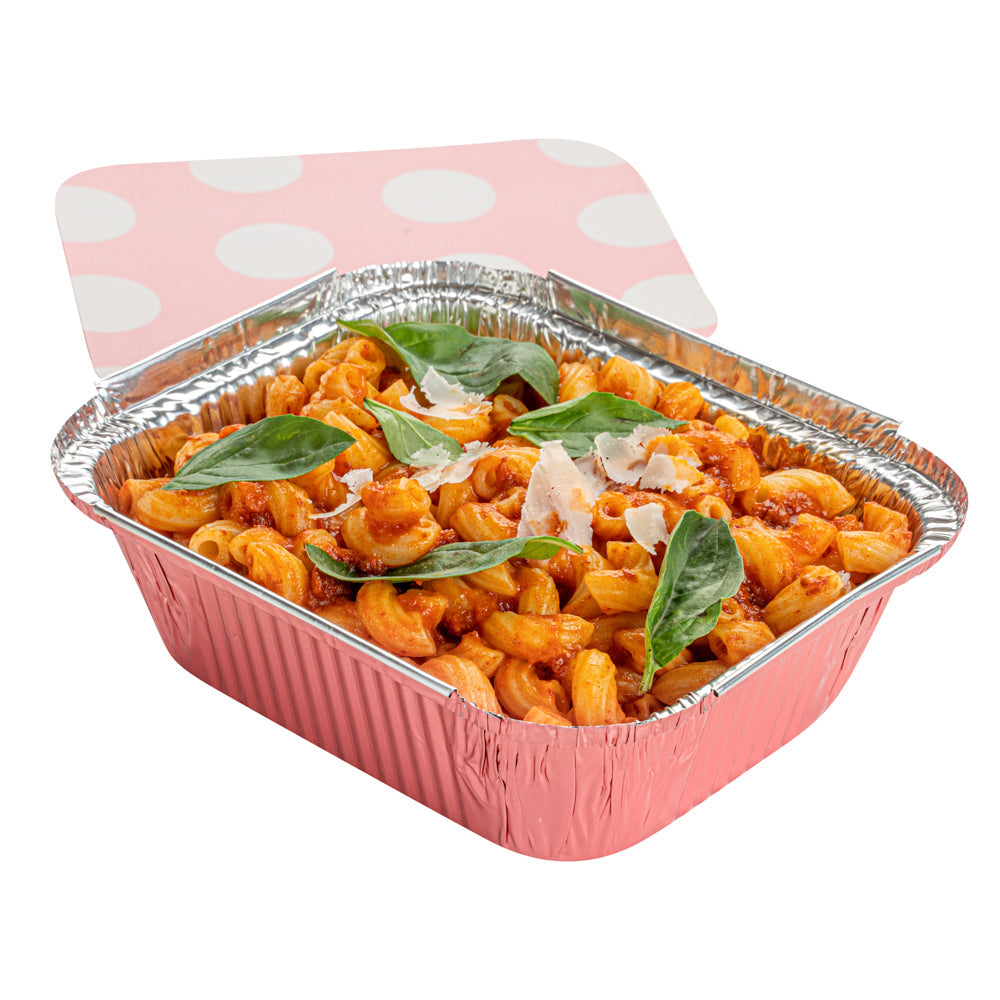 Foil Lux 12 oz Rectangle Pink Aluminum Take Out Container - with Polka Dot Paper Lid - 5 3/4" x 4 3/4" x 1 3/4" - 200 count box
