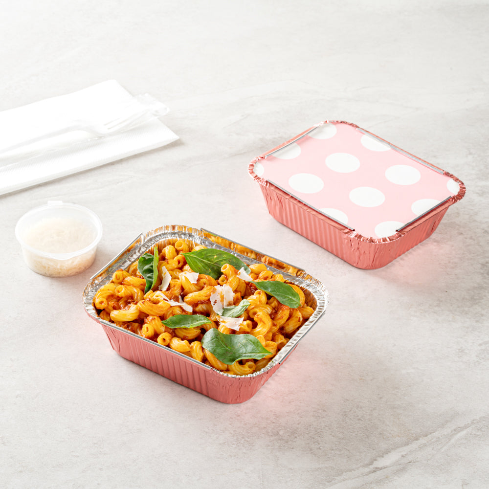 Foil Lux 12 oz Rectangle Pink Aluminum Take Out Container - Polka Dot Paper Lid - 5 3/4" x 4 3/4" x 1 3/4" - 50 count box