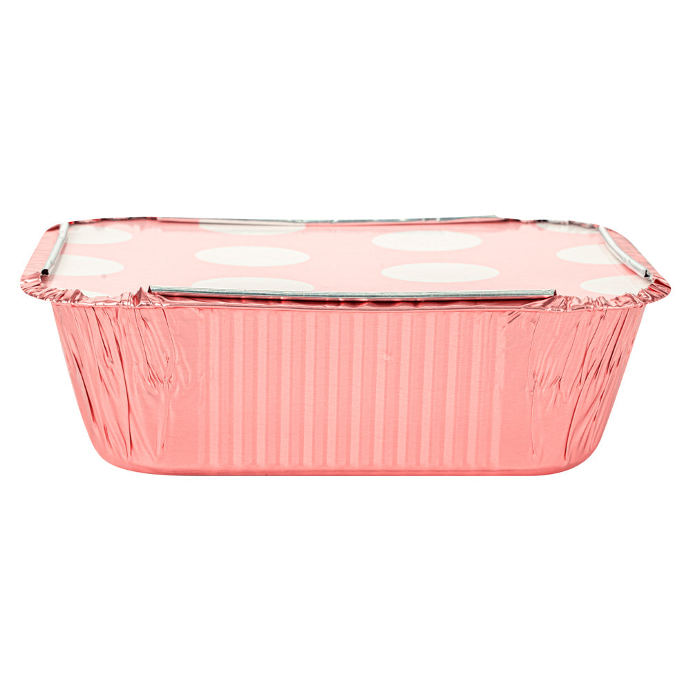 Foil Lux 12 oz Rectangle Pink Aluminum Take Out Container - Polka Dot Paper Lid - 5 3/4" x 4 3/4" x 1 3/4" - 50 count box