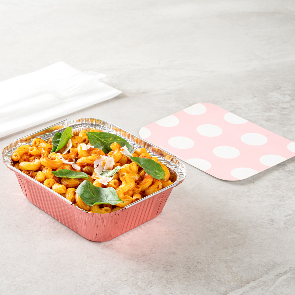 Foil Lux 12 oz Rectangle Pink Aluminum Take Out Container - with Polka Dot Paper Lid - 5 3/4" x 4 3/4" x 1 3/4" - 200 count box