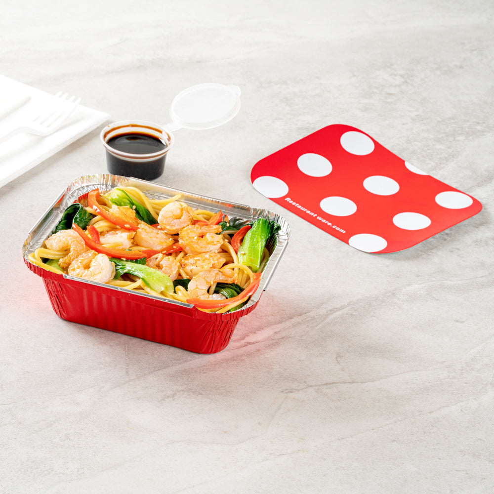 Foil Lux 12 oz Rectangle Red Aluminum Take Out Container - with Polka Dot Paper Lid - 5 3/4" x 4 3/4" x 1 3/4" - 200 count box