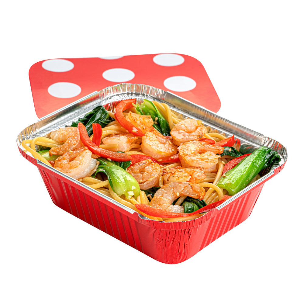 Foil Lux 12 oz Rectangle Red Aluminum Take Out Container - Polka Dot Paper Lid - 5 3/4" x 4 3/4" x 1 3/4" - 50 count box