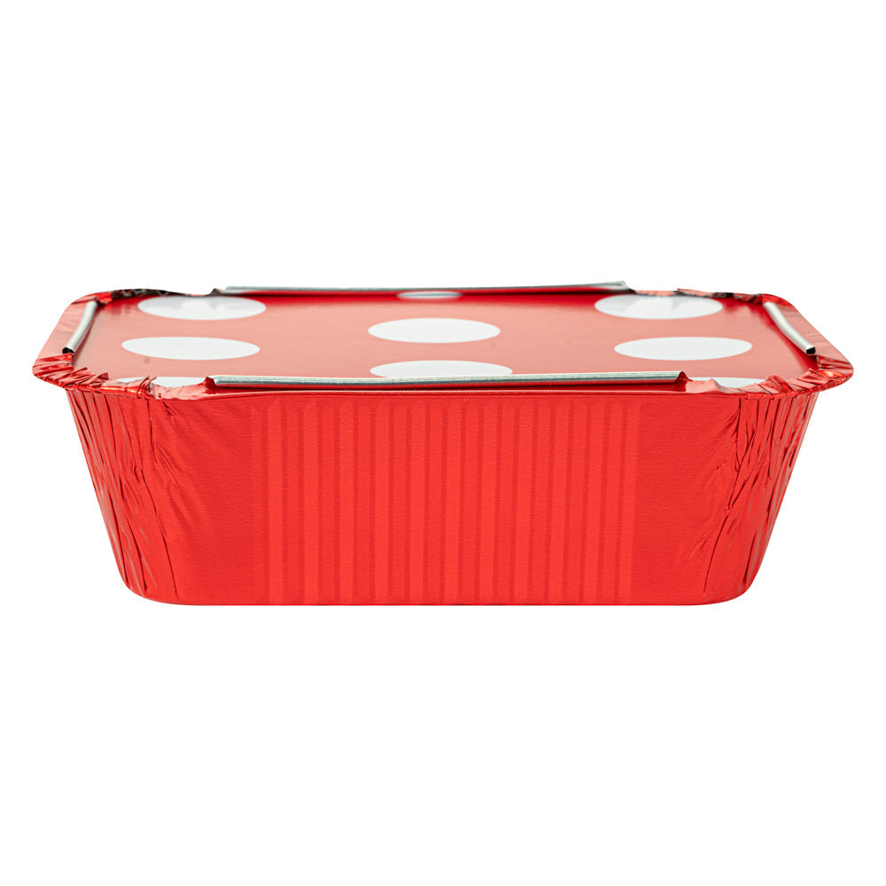 Foil Lux 12 oz Rectangle Red Aluminum Take Out Container - Polka Dot Paper Lid - 5 3/4" x 4 3/4" x 1 3/4" - 50 count box