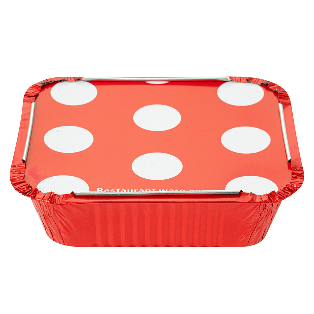 Foil Lux 12 oz Rectangle Red Aluminum Take Out Container - with Polka Dot Paper Lid - 5 3/4" x 4 3/4" x 1 3/4" - 200 count box