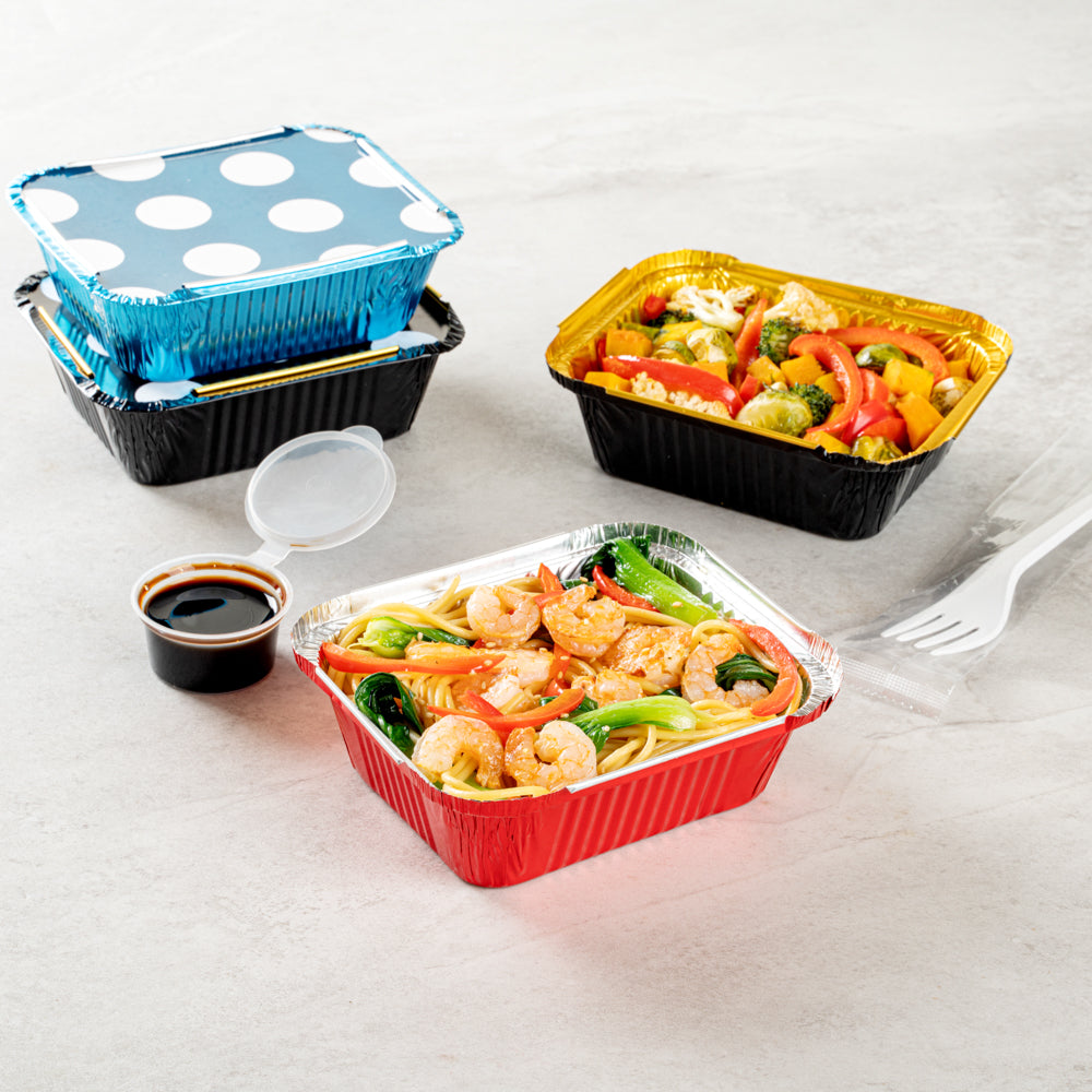 Foil Lux 12 oz Rectangle Red Aluminum Take Out Container - with Polka Dot Paper Lid - 5 3/4" x 4 3/4" x 1 3/4" - 200 count box