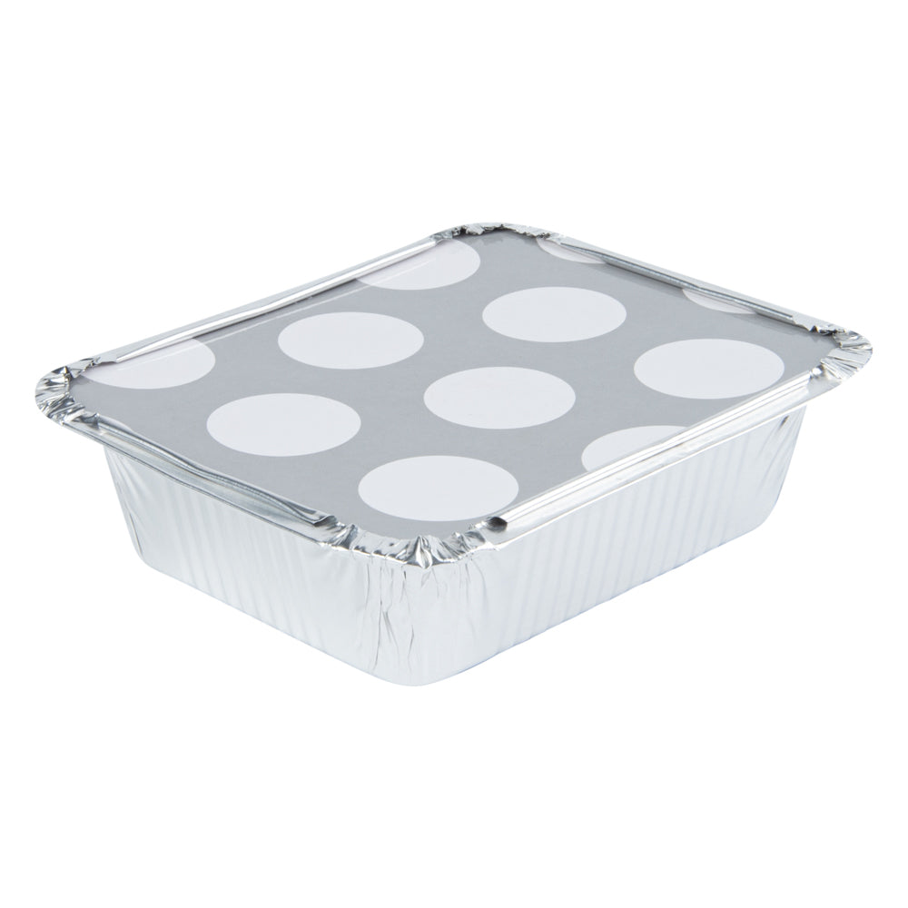 Foil Lux 12 oz Rectangle Silver Aluminum Take Out Container - Polka Dot Paper Lid - 5 3/4" x 4 3/4" x 1 3/4" - 50 count box
