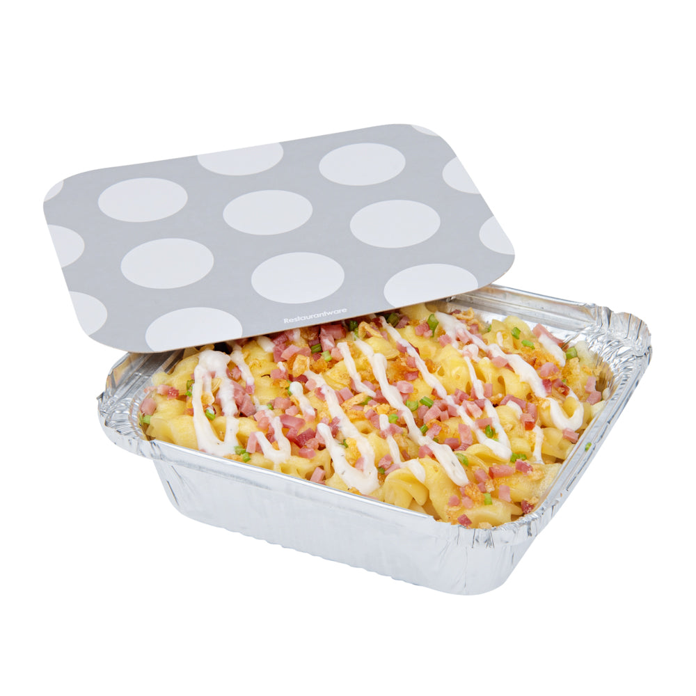Foil Lux 12 oz Rectangle Silver Aluminum Take Out Container - Polka Dot Paper Lid - 5 3/4" x 4 3/4" x 1 3/4" - 50 count box