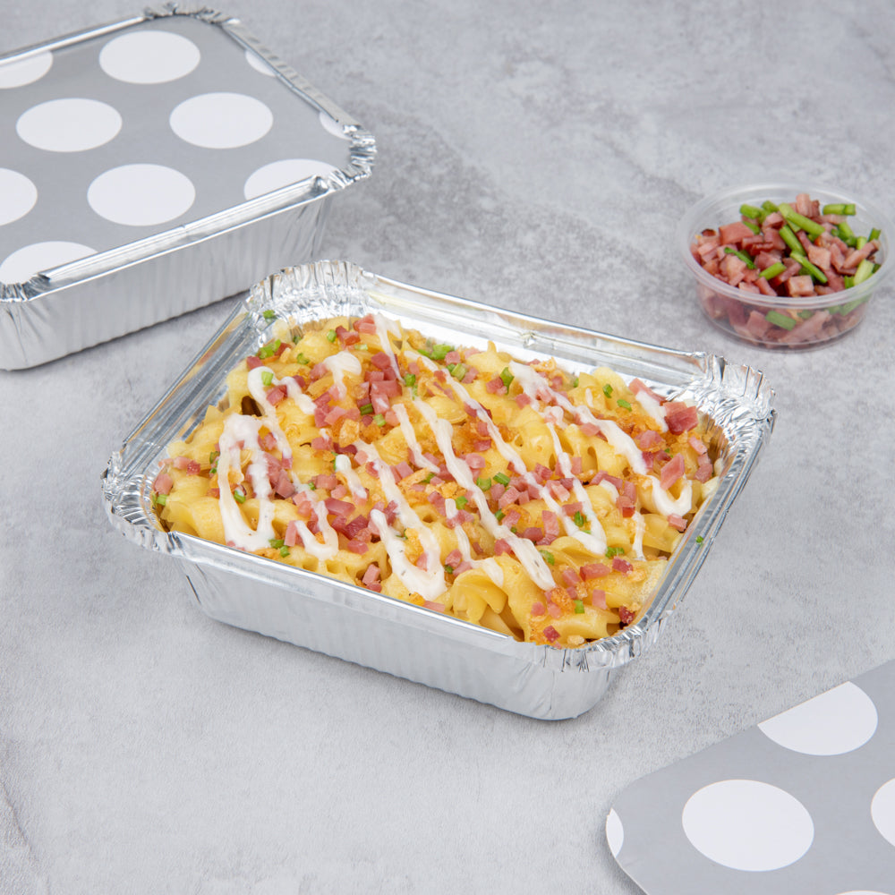 Foil Lux 12 oz Rectangle Silver Aluminum Take Out Container - Polka Dot Paper Lid - 5 3/4" x 4 3/4" x 1 3/4" - 50 count box