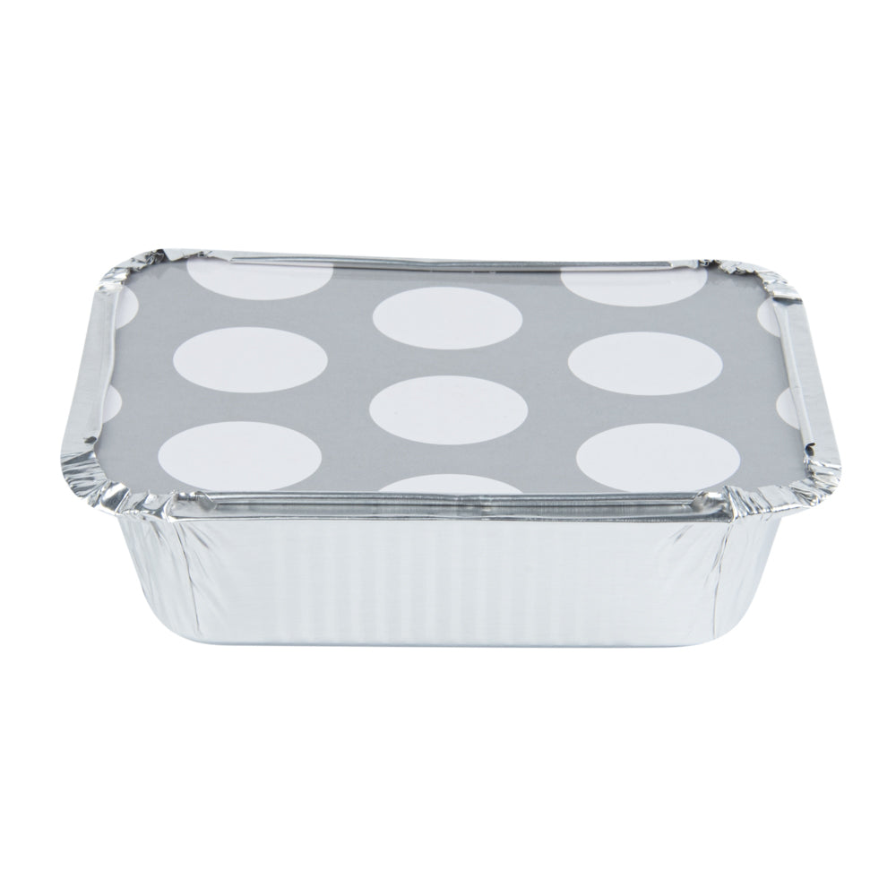 Foil Lux 12 oz Rectangle Silver Aluminum Take Out Container - Polka Dot Paper Lid - 5 3/4" x 4 3/4" x 1 3/4" - 50 count box