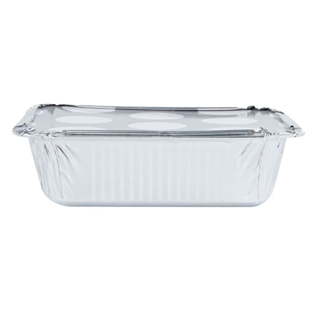 Foil Lux 12 oz Rectangle Silver Aluminum Take Out Container - Polka Dot Paper Lid - 5 3/4" x 4 3/4" x 1 3/4" - 50 count box