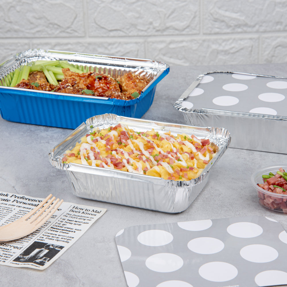 Foil Lux 12 oz Rectangle Silver Aluminum Take Out Container - Polka Dot Paper Lid - 5 3/4" x 4 3/4" x 1 3/4" - 50 count box