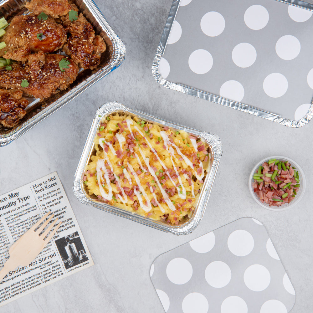 Foil Lux 12 oz Rectangle Silver Aluminum Take Out Container - Polka Dot Paper Lid - 5 3/4" x 4 3/4" x 1 3/4" - 50 count box
