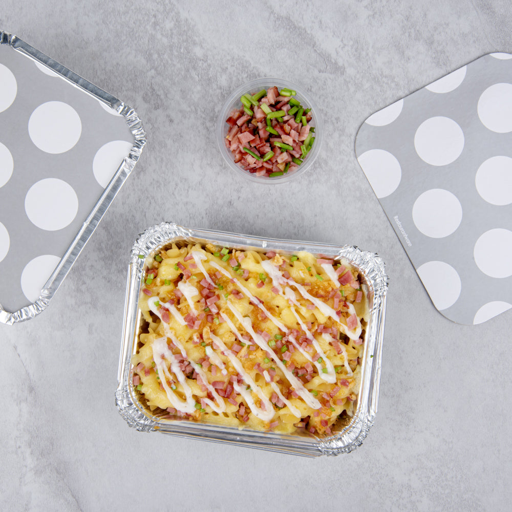 Foil Lux 12 oz Rectangle Silver Aluminum Take Out Container - Polka Dot Paper Lid - 5 3/4" x 4 3/4" x 1 3/4" - 50 count box