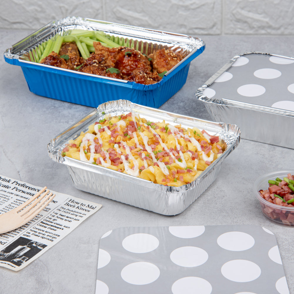 Foil Lux 12 oz Rectangle Silver Aluminum Take Out Container - Polka Dot Paper Lid - 5 3/4" x 4 3/4" x 1 3/4" - 50 count box