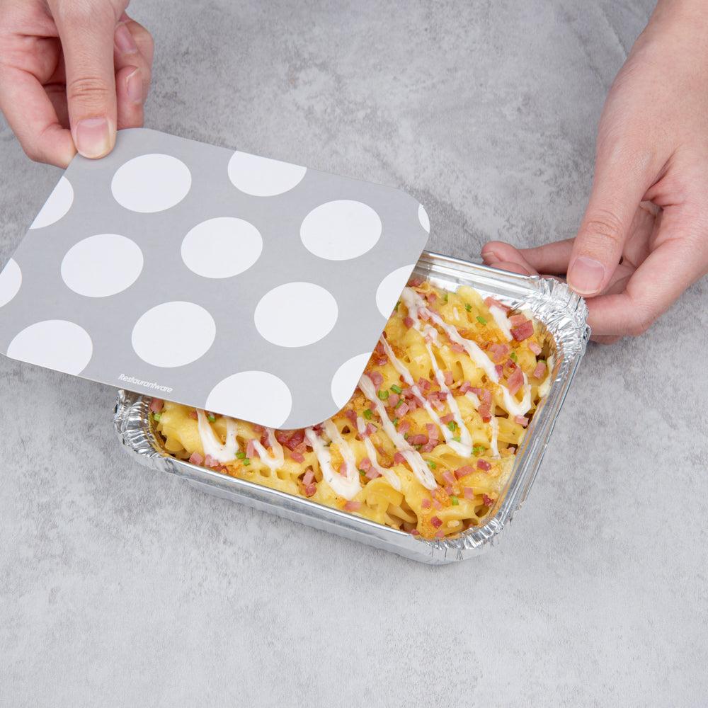 Foil Lux 12 oz Rectangle Silver Aluminum Take Out Container - with Polka Dot Paper Lid - 5 3/4" x 4 3/4" x 1 3/4" - 200 count box