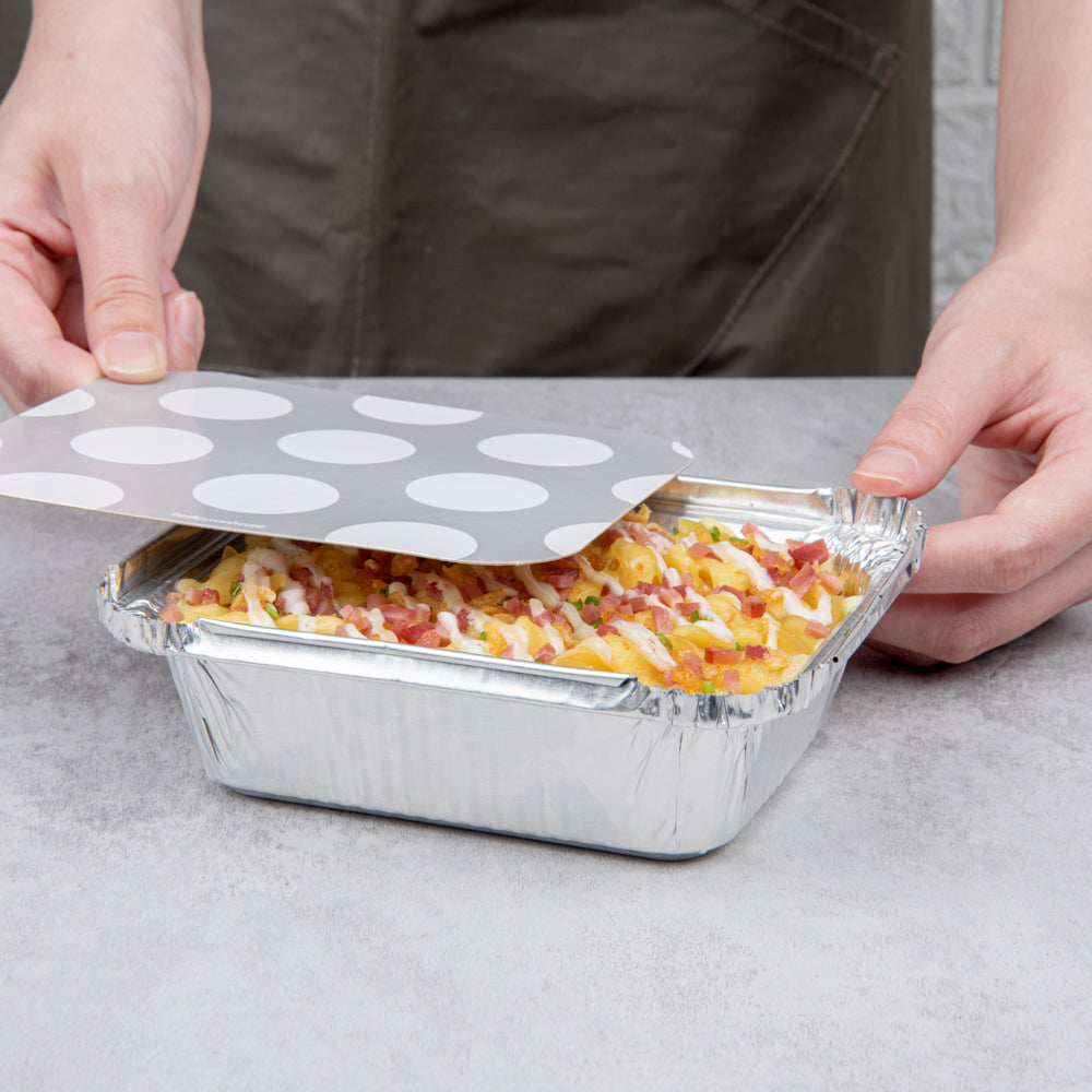 Foil Lux 12 oz Rectangle Silver Aluminum Take Out Container - with Polka Dot Paper Lid - 5 3/4" x 4 3/4" x 1 3/4" - 200 count box