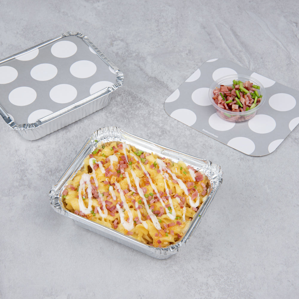 Foil Lux 12 oz Rectangle Silver Aluminum Take Out Container - with Polka Dot Paper Lid - 5 3/4" x 4 3/4" x 1 3/4" - 200 count box
