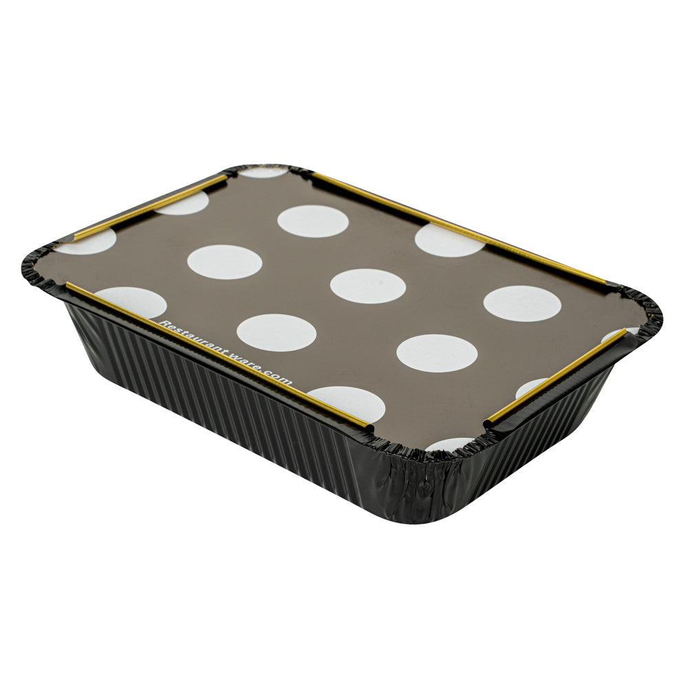 Foil Lux 16 oz Rectangle Black and Gold Aluminum Take Out Container - Polka Dot Paper Lid - 7 1/4" x 5 1/4" x 2" - 50 count box