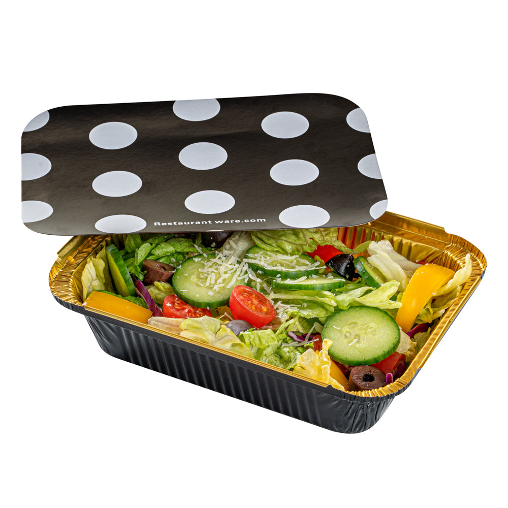 Foil Lux 16 oz Rectangle Black and Gold Aluminum Take Out Container - Polka Dot Paper Lid - 7 1/4" x 5 1/4" x 2" - 50 count box