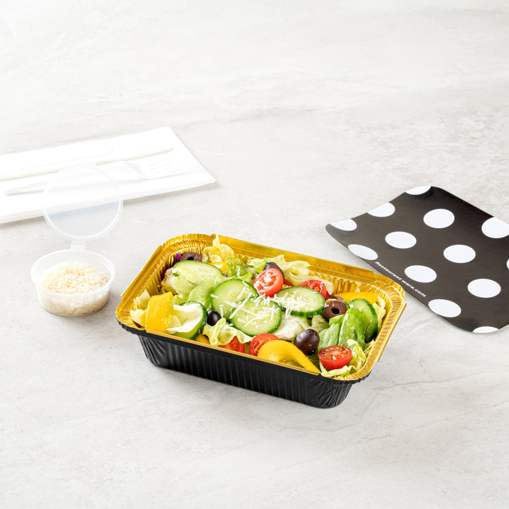 Foil Lux 16 oz Rectangle Black and Gold Aluminum Take Out Container - Polka Dot Paper Lid - 7 1/4" x 5 1/4" x 2" - 50 count box