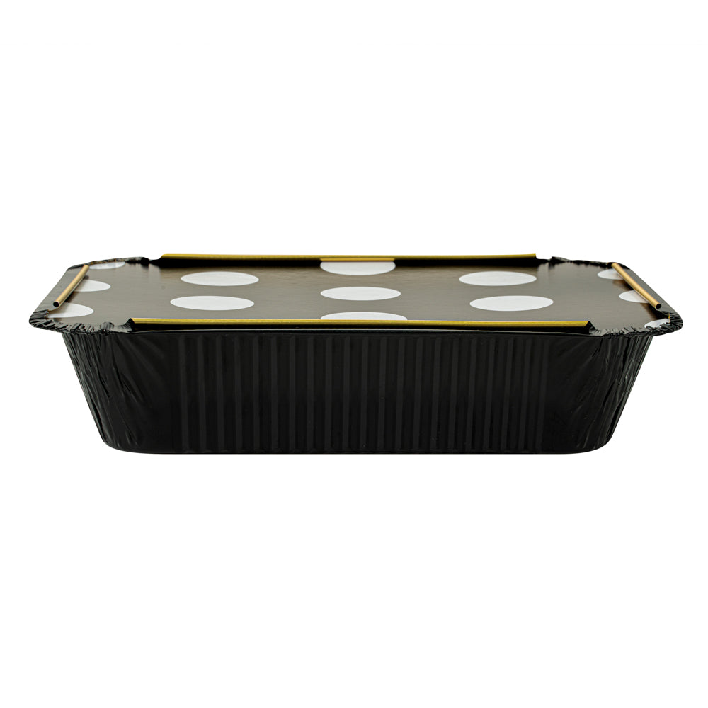 Foil Lux 16 oz Rectangle Black and Gold Aluminum Take Out Container - Polka Dot Paper Lid - 7 1/4" x 5 1/4" x 2" - 50 count box