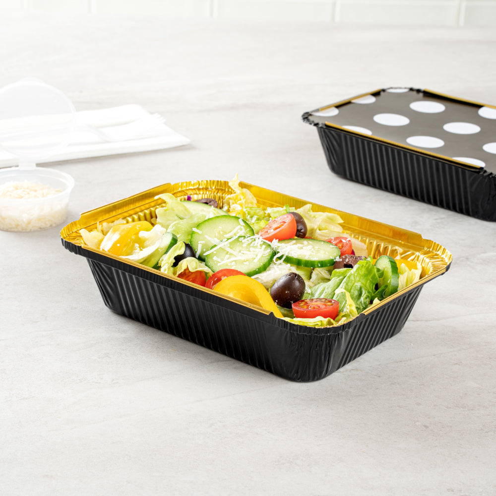 Foil Lux 16 oz Rectangle Black and Gold Aluminum Take Out Container - Polka Dot Paper Lid - 7 1/4" x 5 1/4" x 2" - 50 count box